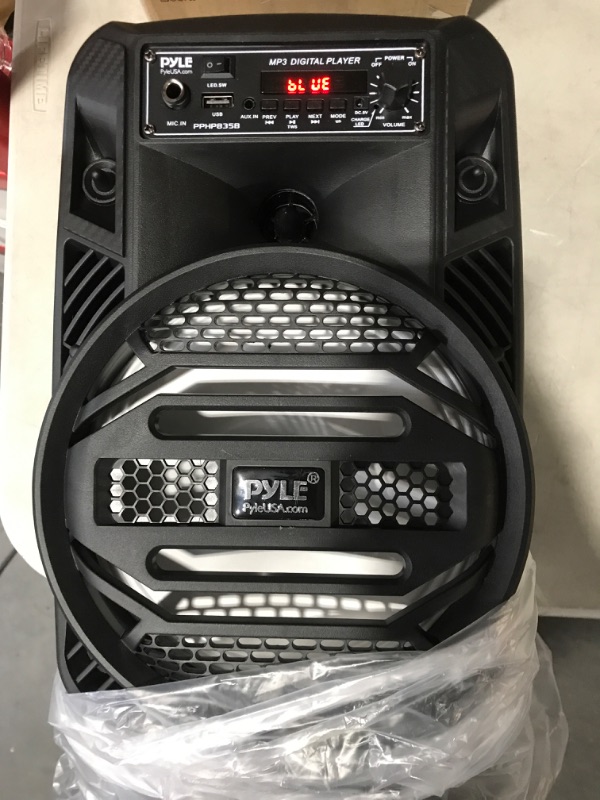 Photo 2 of Portable Bluetooth PA Speaker System - 300W Rechargeable Outdoor Bluetooth Speaker Portable PA System w/ 8” Subwoofer 1” Tweeter, Microphone In, Party Lights, MP3/USB, Radio, Remote - Pyle PPHP835B