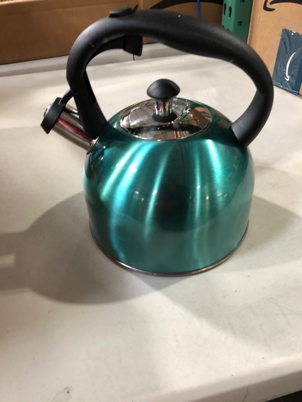 Photo 1 of Amazon Basics Stainless Steel Tea Kettle, 2.4-Quart, Teal 8.7"D x 8.7"W x 7.4"H