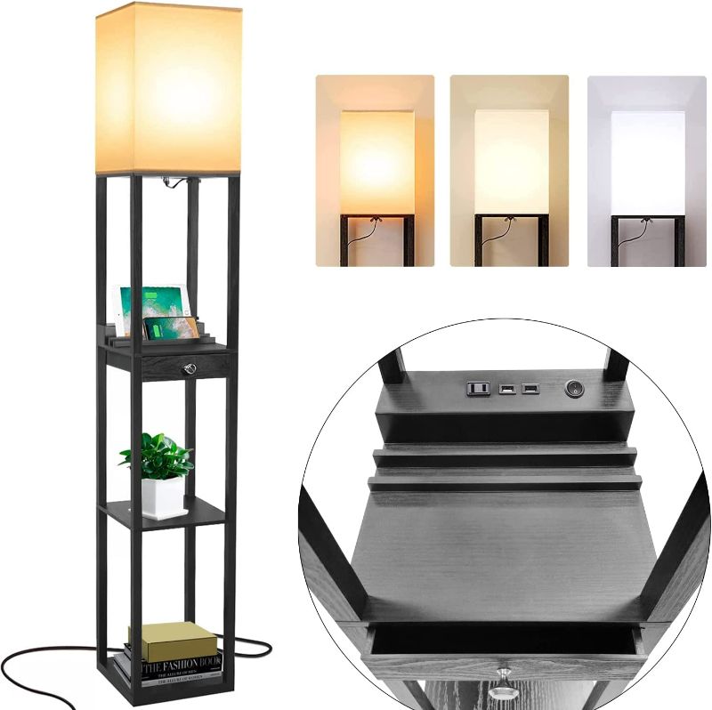 Photo 1 of Assemer Shelf Floor Lamps for Living Room,Tall Standing Lamp with Shelves and Drawer,2 USB