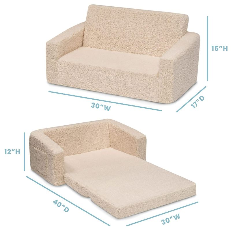 Photo 2 of Delta Children Cozee Flip-Out Sherpa 2-in-1 Convertible Sofa to Lounger for Kids, Cream