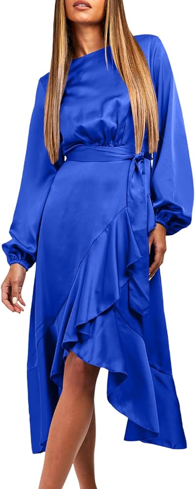 Photo 1 of BLENCOT Women's Satin Ruffle Hem Split Midi Dress Long Sleeve Wrap Front Tie