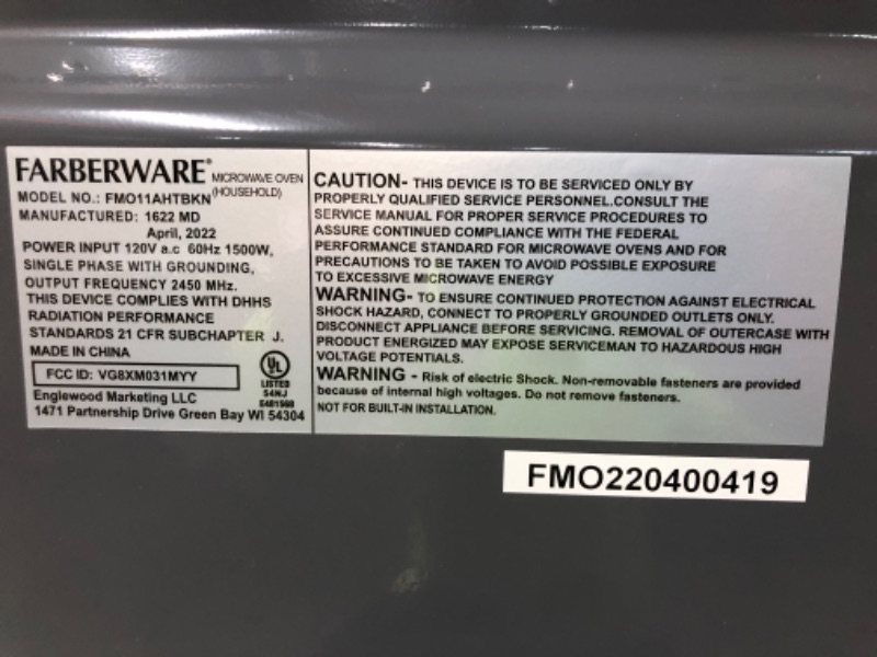 Photo 4 of **SEE NOTES**
Farberware Classic FMO11AHTBKN 1.1 Cu. Ft. 1000-Watt Microwave Oven with LED Lighting, Metallic Red