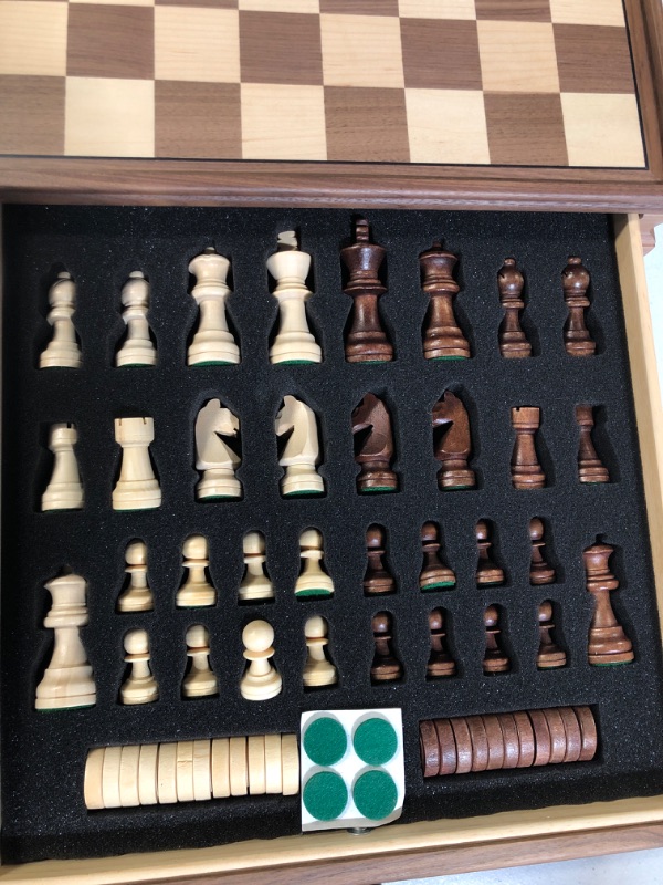 Photo 3 of A&A 15 inch Walnut Wooden Chess & Checkers Set w/ Storage Drawer 