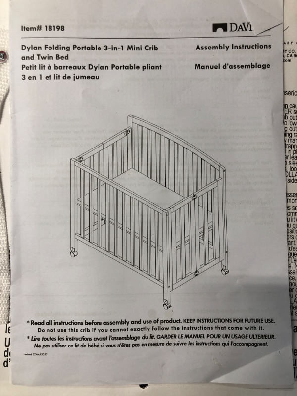 Photo 1 of DaVinci Dylan Folding Portable 3-in-1 Convertible Mini Crib and Twin Bed in Ebony, Greenguard Gold Certified