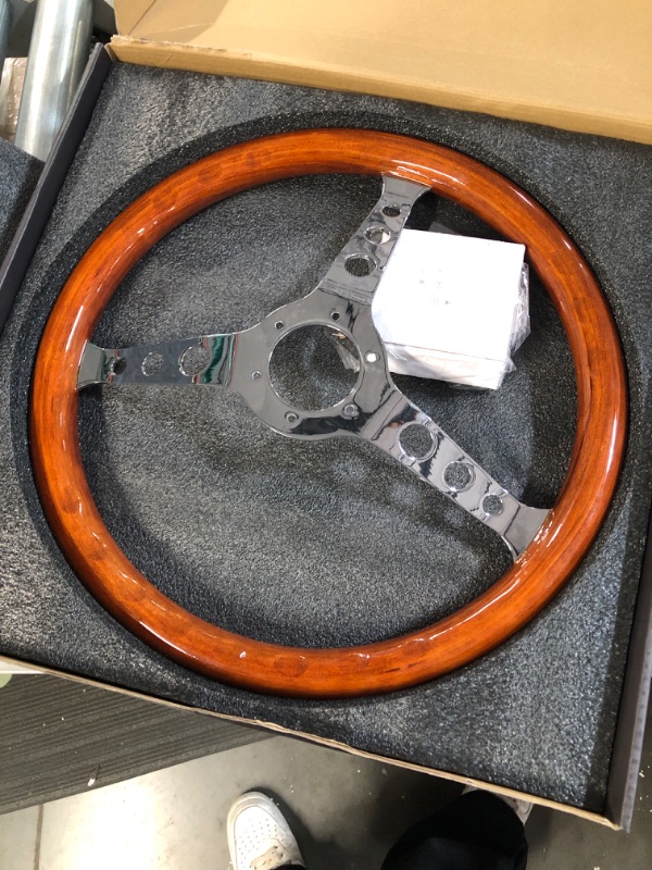 Photo 2 of TEMSONE 15" Inch Wood Steering Wheel Grain Billet Polished Spoke with 6 Bolts Horn Button Classic Vintage Nostalgia Style Finger Grip Wooden Steering Wheel of 2.1" Deep Dish Universal (3 Holes) SW-3 Holes