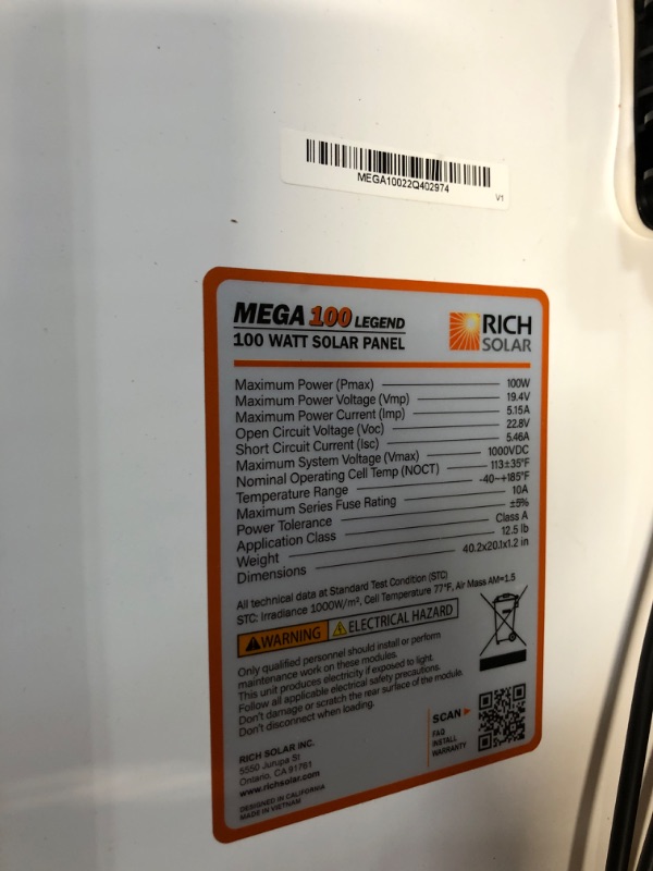 Photo 1 of RICH SOLAR 100 Watt 12 Volt Solar Panel High Efficiency Solar Module Charge Battery for RV Trailer Camper Marine Off Grid 1pc