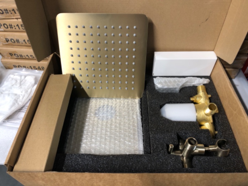 Photo 2 of All Metal Shower Faucet Set, Dual Square Shower Head System with Handheld Wand & Rainfall Showerhead, Brushed Gold Shower Faucet