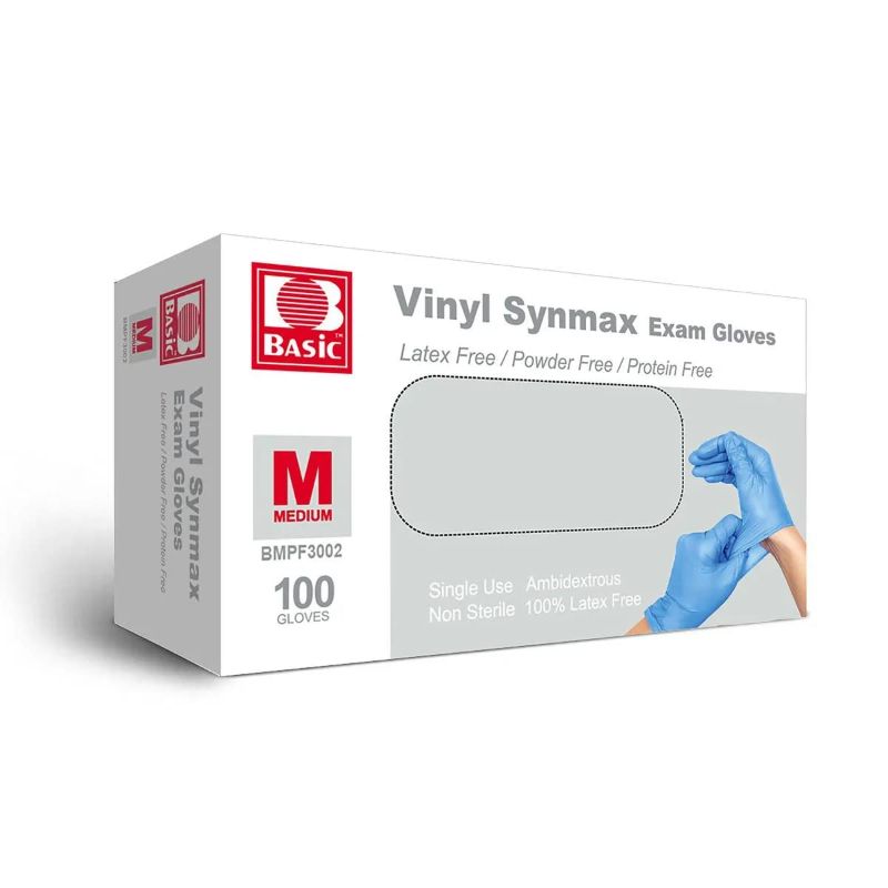 Photo 1 of Basic Medical Synmax Vinyl Exam Gloves - Latex-Free & Powder-Free - Medium, 