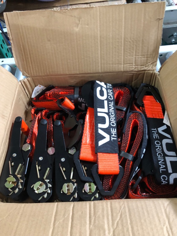 Photo 2 of VULCAN Ultimate Axle Tie Down Kit - PROSeries - Includes (2) 22 Inch Axle Straps, (2) 36 Inch Axle Straps, (2) 96 Inch Snap Hook Ratchet Straps, and (2) 112 Inch Axle Tie Down Combination Straps PROSeries Orange