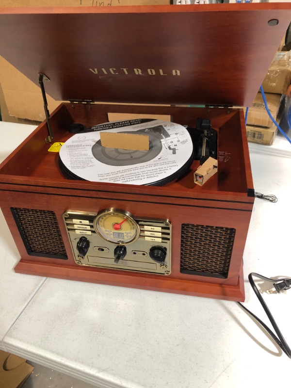 Photo 2 of Victrola Nostalgic 7-in-1 Bluetooth Record Player & Multimedia Center with Built-in Speakers - 3-Speed Turntable, CD & Cassette Player, AM/FM Radio, USB | Wireless Music Streaming | Mahogany Mahogany (USB) Entertainment Center