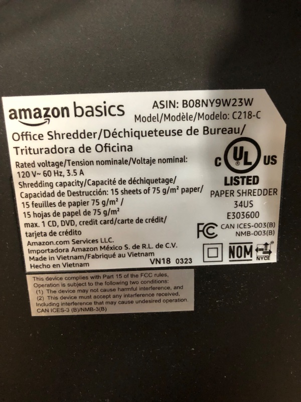 Photo 5 of (used) Amazon Basics 15-Sheet Cross Cut Paper Shredder and Credit Card CD Shredder 