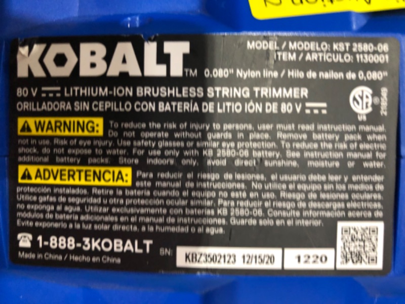 Photo 7 of *PREV USED-MISSING BATTERY*
Kobalt 24-Volt Max 12-in Straight Cordless String Trimmer (Battery Included)