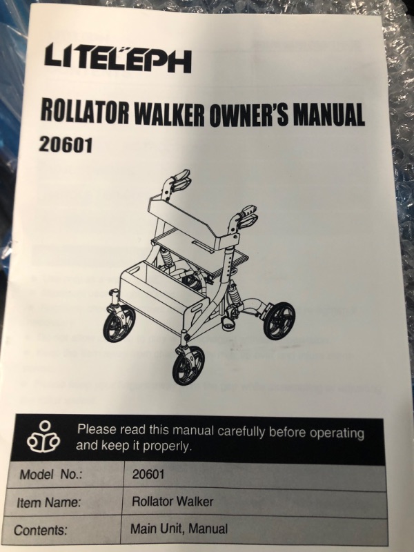 Photo 2 of 20601 LITELEPH Rollator Walkers, Easy Folding, with Shock Absorber and 4X 10”Wheels for Outdoors Blue