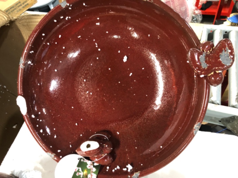 Photo 1 of ***CRACKED, PARTS SNAPPED OFF, DOES NOT HOLD WATER, NEEDS REPAIR** 
Alpine Corporation 25" Tall Outdoor Ceramic Antique Pedestal Birdbath with 2 Bird Figurines, Red
