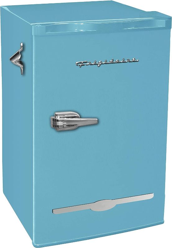 Photo 1 of **PARTS ONLY, MAJOR DAMAGE TOO HOUSING** rigidaire EFR376-BLUE 3.2 Cu Ft Blue Retro Bar Fridge with Side Bottle Opener