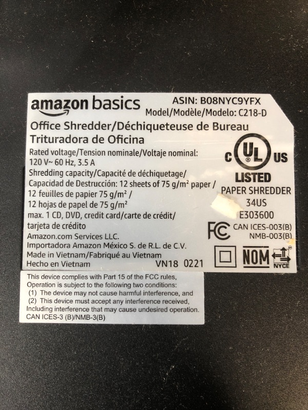 Photo 5 of Amazon Basics 12-Sheet Micro Cut Paper Shredder and Credit Card CD Shredder with 6 Gallon Bin 10.3 x 14.5 x 20.5 inches