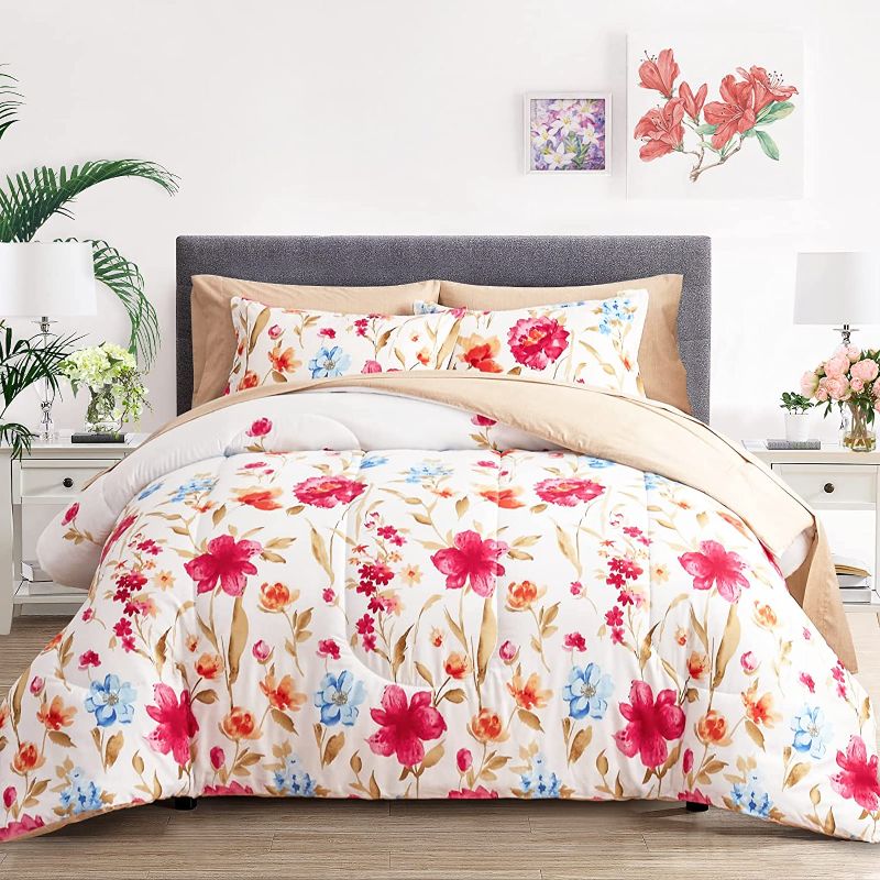 Photo 1 of -USED(SEE NOTES)- Bed in a Bag, Colorful Flower Golden Leaves Botanical Design, Microfiber Bedding Comforter Set for All Season