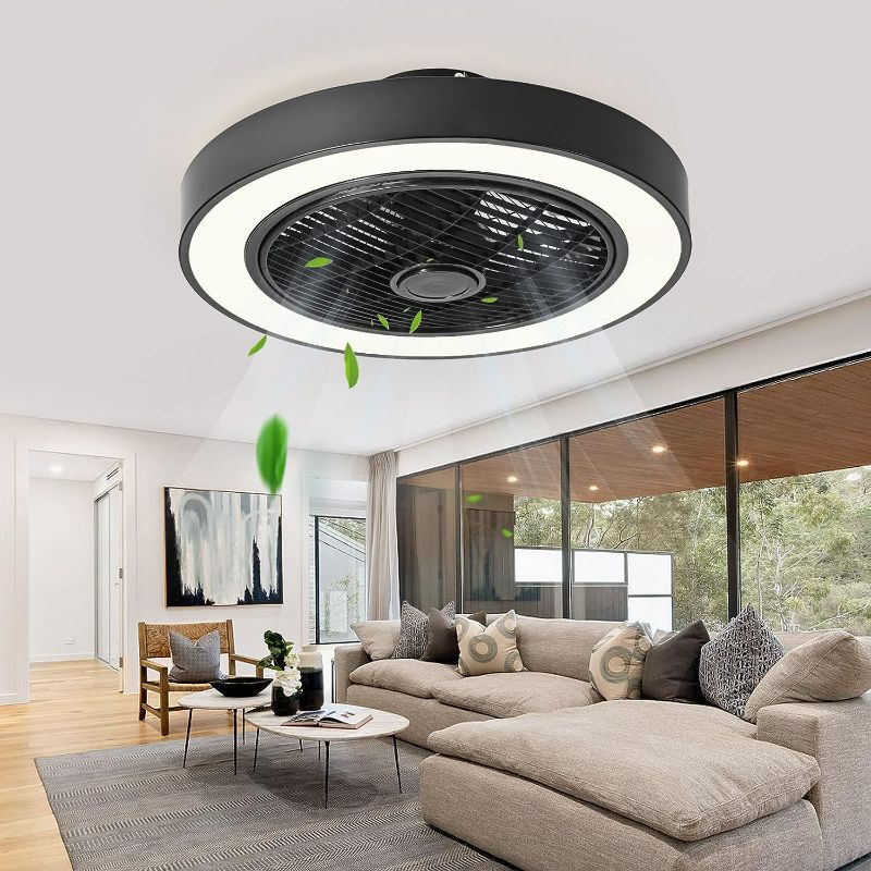 Photo 2 of *sTOCK PHOTO REFERENCE ONLY* Surtime Ceiling Fans With Lights And Remote Control,Modern Low Profile Bladeless Small Ceiling Fan For Bedroom,22" Flush Mount Enclosed Ceiling Fans 7815-WHITE