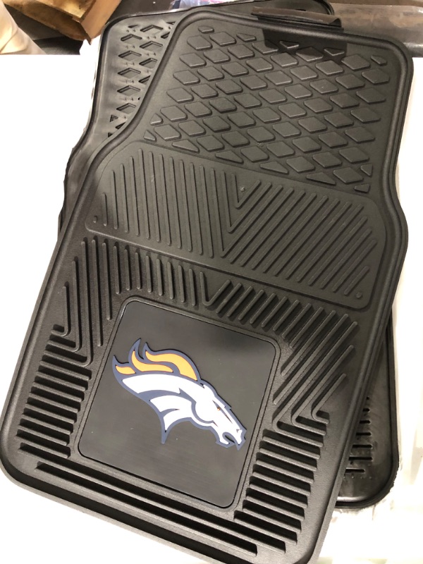 Photo 2 of FANMATS 8768 Denver Broncos 2-Piece Heavy Duty Vinyl Car Mat Set, Front Row Floor Mats, All Weather Protection, Universal Fit, Deep Resevoir Design