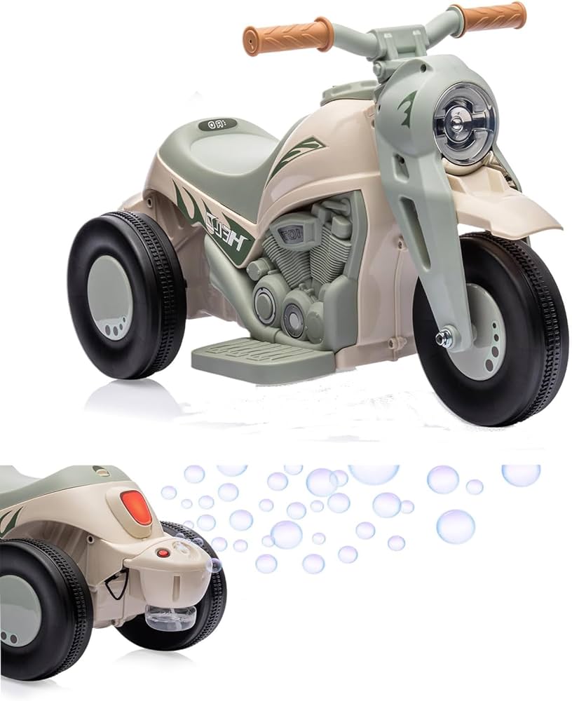 Photo 1 of 6V/15W Kids Motorcycle with Bubble Function, LED Headlights, Music, Pedal, Forward/Reserve,Battery Powered 3 Wheels Kids Ride On Bubble Motorbike,for Kids Ages 3+ Beige