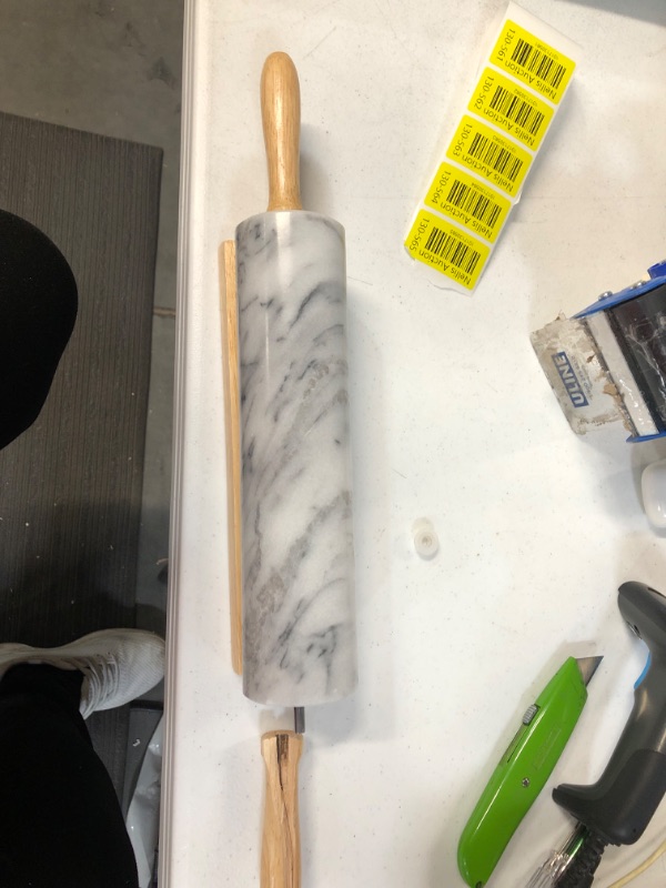 Photo 1 of ** USED BROKEN ** Fox Run Polished Marble Rolling Pin with Wooden Cradle, 10-Inch Barrel, White