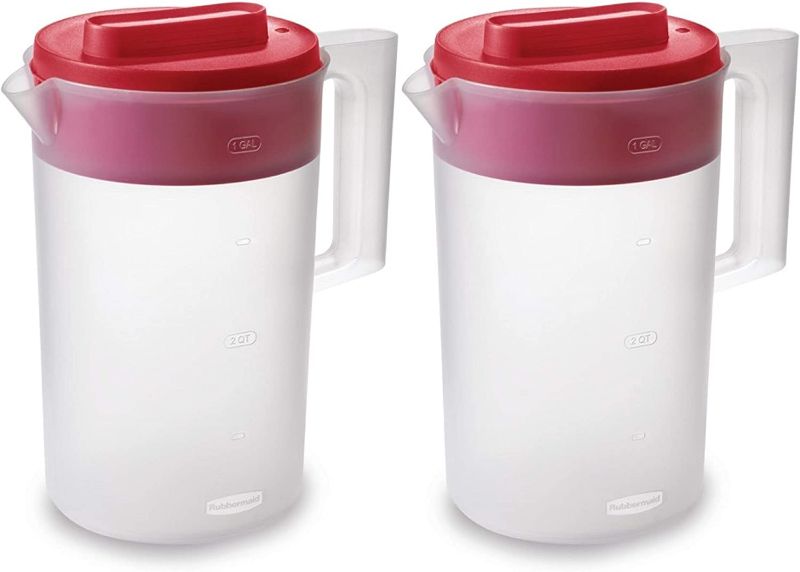 Photo 2 of Rubbermaid 2-Piece Pitcher Set with 3 Position Pour Spout Lid for Water, Tea, and Drinks, Dishwasher Safe, 1-Gallon, Clear/Red