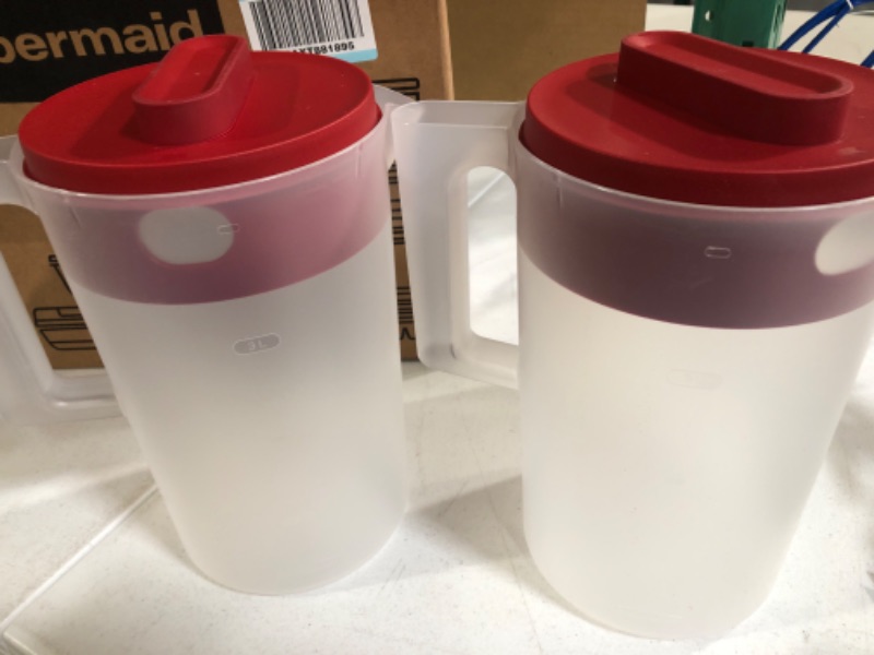 Photo 1 of Rubbermaid 2-Piece Pitcher Set with 3 Position Pour Spout Lid for Water, Tea, and Drinks, Dishwasher Safe, 1-Gallon, Clear/Red