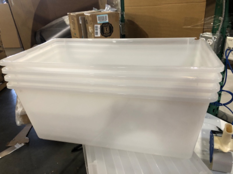 Photo 6 of *** USED SEE NOTES **** IRIS USA 91 Quart Large Storage Bin Utility Tote Organizing Container Box with Buckle Down Lid for Clothes Storage, 4 Pack, Clear, Clear/Black (500184) h) 91 Qt. - 4 Pack