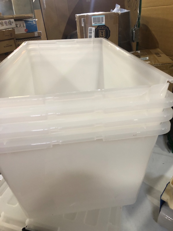 Photo 7 of *** USED SEE NOTES **** IRIS USA 91 Quart Large Storage Bin Utility Tote Organizing Container Box with Buckle Down Lid for Clothes Storage, 4 Pack, Clear, Clear/Black (500184) h) 91 Qt. - 4 Pack