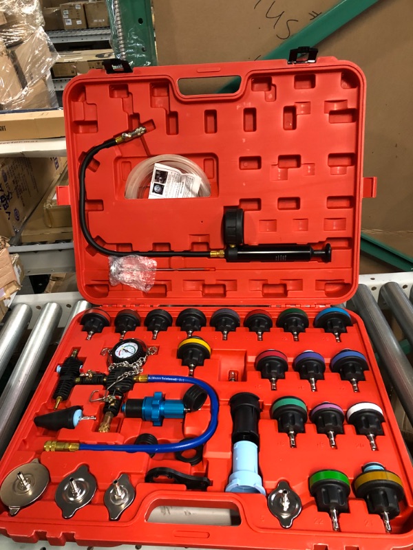 Photo 1 of YSTOOL Radiator Pressure Tester Coolant Vacuum Refill Kit 33PCS Automotive Cooling System Leak Test Pneumatic Water Tank Purge Fill Tool Set with Gauge Adapter Cap Universal for Auto Car Airlift Red Case