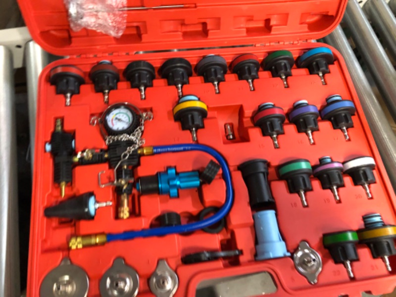 Photo 6 of YSTOOL Radiator Pressure Tester Coolant Vacuum Refill Kit 33PCS Automotive Cooling System Leak Test Pneumatic Water Tank Purge Fill Tool Set with Gauge Adapter Cap Universal for Auto Car Airlift Red Case