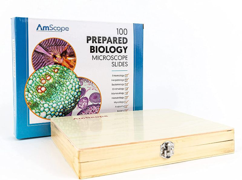 Photo 1 of AmScope Prepared Microscope Slide Set for Basic Biological Science Education, 100 Slides, 
