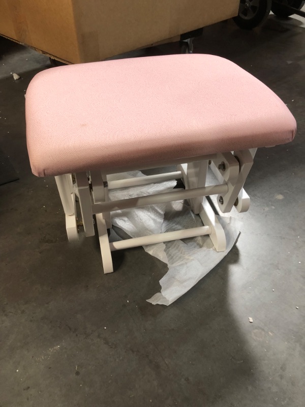 Photo 1 of *USED*Storkcraft Premium Hoop Glider and Ottoman (White Base, Pink Swirl Cushion) – with Storage Pocket, Solid Hardwood Base