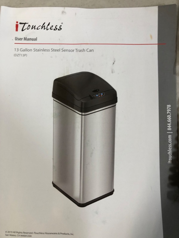 Photo 2 of *USED/SEE NOTES* iTouchless 13 Gallon Automatic Trash Can with Odor-Absorbing Filter and Lid Lock, Power by Batteries (not included) or Optional AC Adapter (sold separately), Black / Stainless Steel