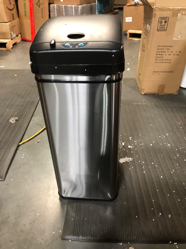 Photo 5 of *USED/SEE NOTES* iTouchless 13 Gallon Automatic Trash Can with Odor-Absorbing Filter and Lid Lock, Power by Batteries (not included) or Optional AC Adapter (sold separately), Black / Stainless Steel