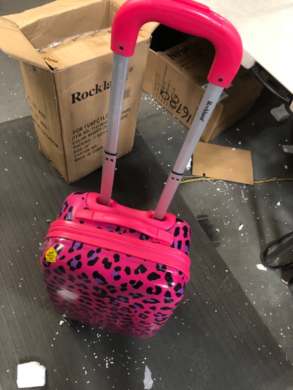 Photo 4 of **USED**HAS A PLASTIC COVER ON IT**  Rockland Safari Hardside Spinner Wheel Luggage, Magenta Leopard, Carry-On 20-Inch 