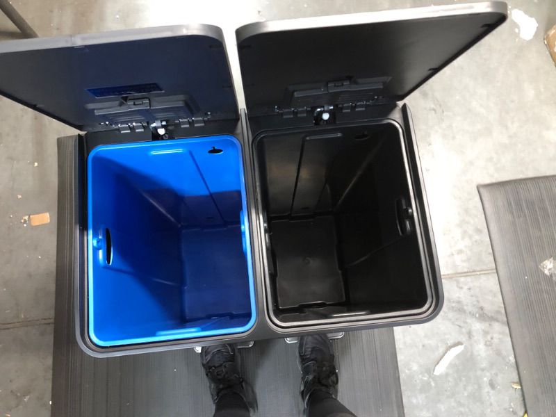 Photo 1 of *MINOR DAMAMGE* iTouchless 16 Gallon Dual Step Trash Can & Recycle, Stainless Steel Lid and Bin Body with Handle, Includes 2 x 8 Gallon (60L) Removable Buckets