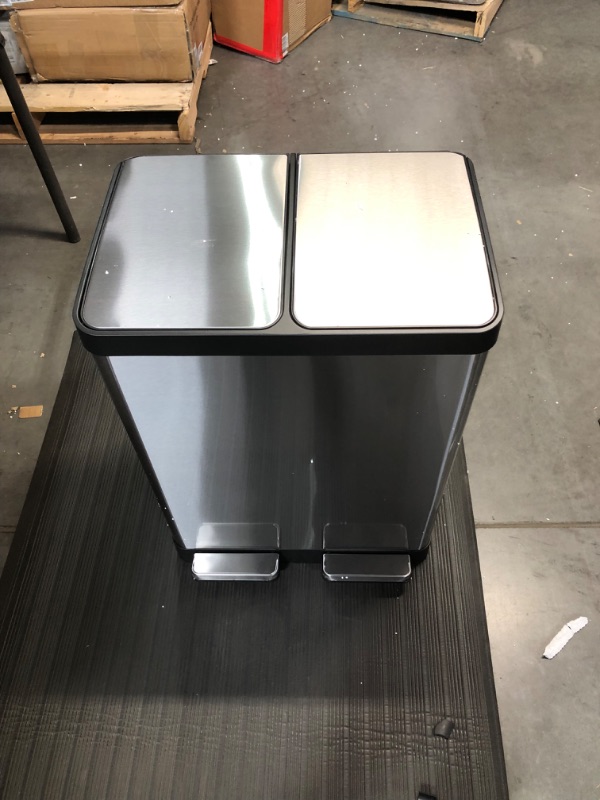 Photo 1 of *MINOR DAMAMGE* iTouchless 16 Gallon Dual Step Trash Can & Recycle, Stainless Steel Lid and Bin Body with Handle, Includes 2 x 8 Gallon (60L) Removable Buckets