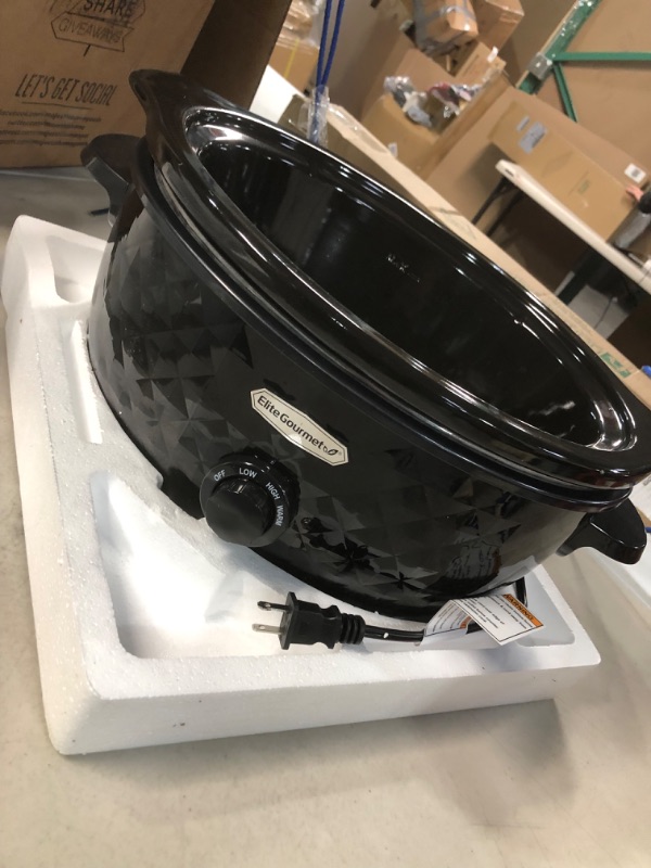 Photo 5 of **DOES NOT POWER ON/PARTS ONLY** Elite Gourmet MST-1234B## 6 Quart Diamond Pattern Slow Cooker, Removable, Dishwasher-Safe Stoneware Pot with Tempered Glass Lid, Cool-Touch Handles, 6 Quart, Black 6 Quart Black
