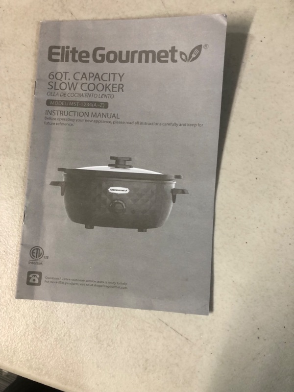 Photo 6 of **DOES NOT POWER ON/PARTS ONLY** Elite Gourmet MST-1234B## 6 Quart Diamond Pattern Slow Cooker, Removable, Dishwasher-Safe Stoneware Pot with Tempered Glass Lid, Cool-Touch Handles, 6 Quart, Black 6 Quart Black