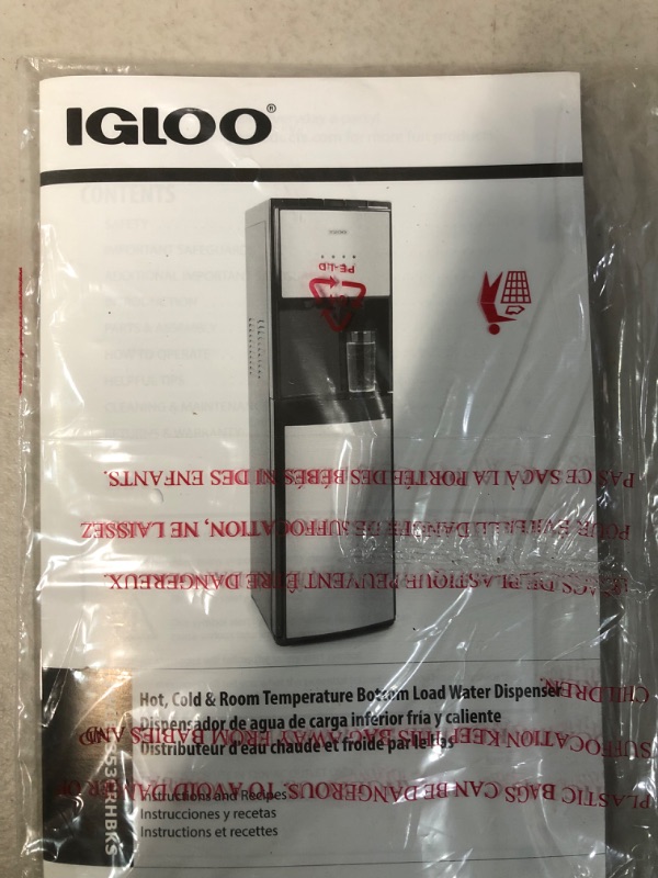 Photo 7 of **USED/SEE NOTES* Igloo IWCBL353CRHBKS Stainless Steel Hot, Cold & Room Water Cooler Dispenser, Holds 3 & 5 Gallon Bottles, 3 Temperature Spouts, No Lift Bottom Loading, Child Safety Lock, Black/Stainless