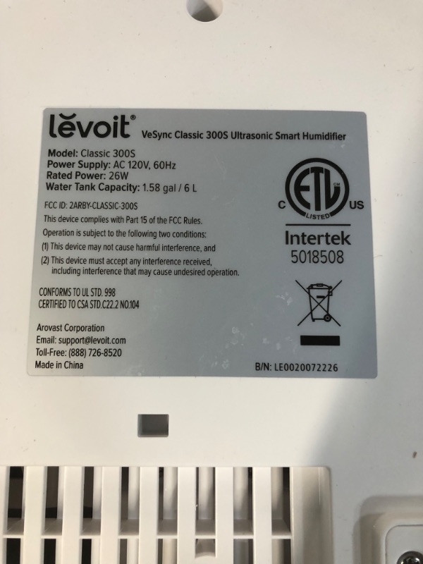 Photo 3 of *USED* LEVOIT Humidifiers, 6L Cool Mist Top Fill Essential Oil Diffuser, Smart App & Voice Control, Rapid Humidification and Humidity Setting, Quiet Sleep Mode  Gray