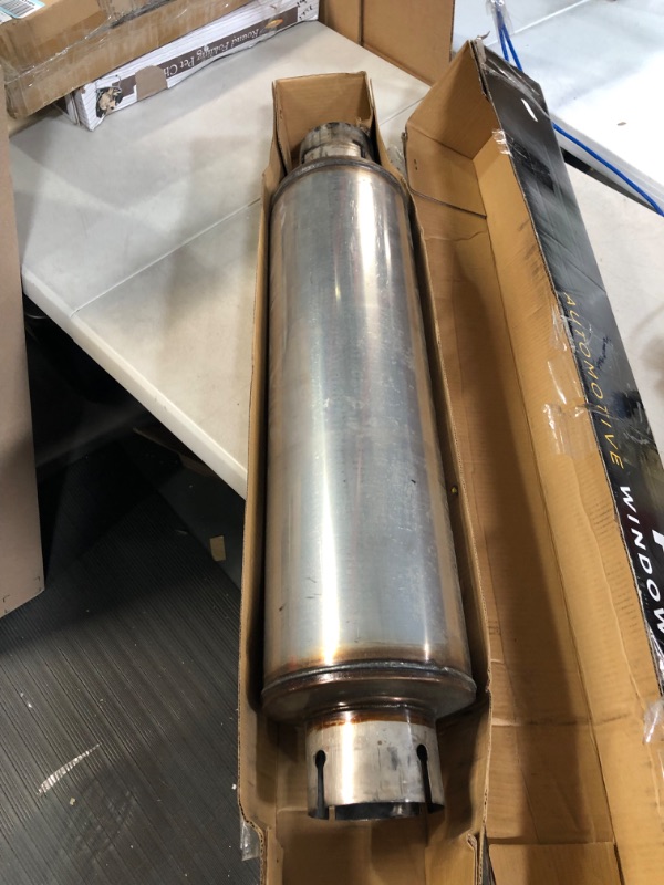 Photo 2 of ***HEAVILY USED** Upower 4" Inlet Diesel Exhaust Muffler 7" x 24" Body 30" Whole Length XS2772 - Straight Through Stainless Steel Welded On Resonator Muffler