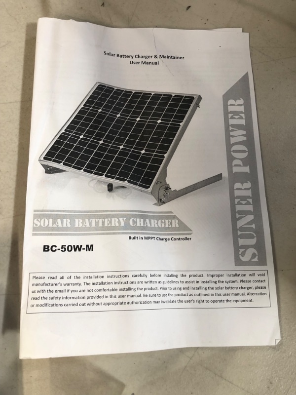 Photo 8 of **USED/SEE NOTES* SUNER POWER 12V Solar Battery Charger Maintainer, Waterproof 50W Solar Trickle Charger, High Efficiency Solar Panel Kit, Built-in Intelligent MPPT Controller + Adjustable Bracket + SAE Cable Kits BC-50W Mono