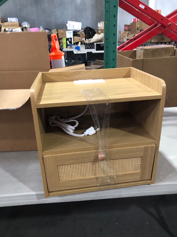 Photo 3 of **FOR PARTS ONLY**SUPERJARE Nightstand with Charging Station & Rattan-Like Decor Drawer, Rattan End Table- MISSING LEGS 