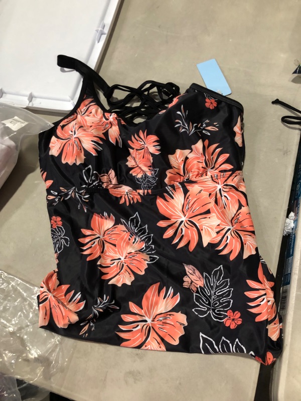 Photo 2 of Yonique Womens Tankini Swimsuits Athletic Two Piece Tummy Control Bathing Suits with Shorts Modest Tank Tops Black & Orange Floral Large