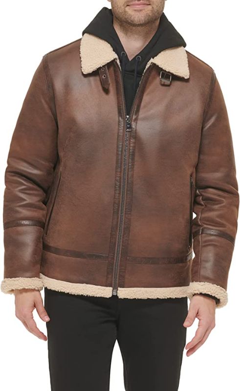 Photo 1 of Calvin Klein Faux Leather Men-Bomber Jacket with Shearling Lining medium