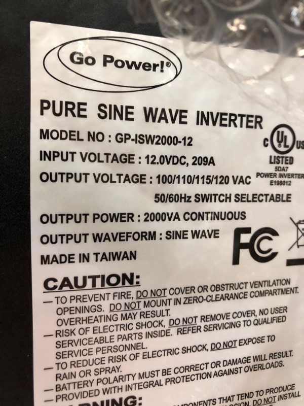 Photo 3 of Go Power! GP-ISW2000-12 Industrial Pure Sine Wave Inverter