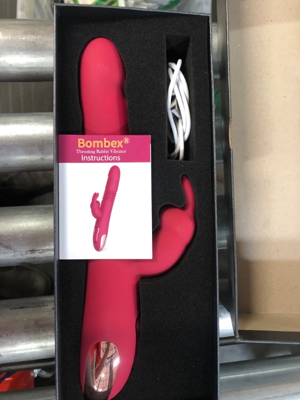 Photo 3 of Beaded Thrusting Rabbit Vibrator - BOMBEX William, 9.8" Triple Action -Rose Red