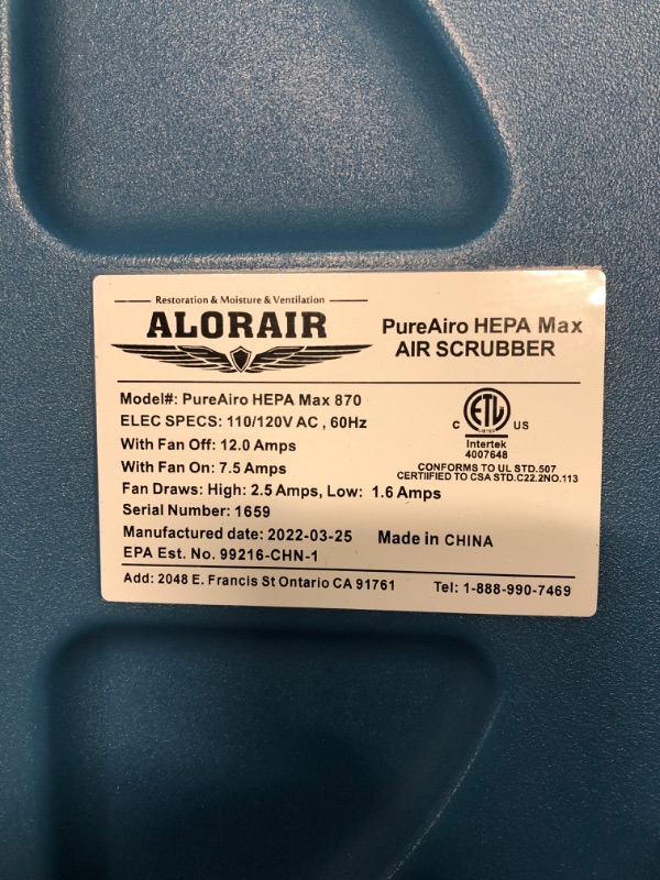 Photo 3 of ALORAIR PureAiro HEPA Max 870 Air Scrubber 